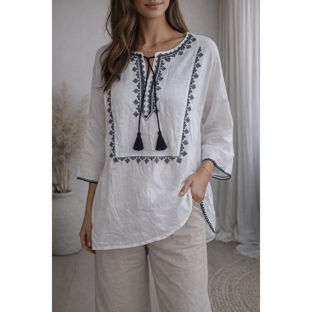 J. Jill Love Linen XL White Embroidered Tunic Top Boho Tassel 100% Linen Relax